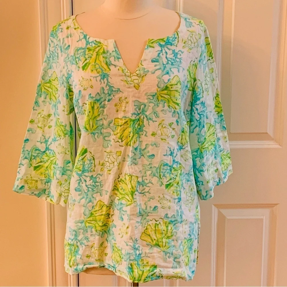 J Jill Love Linen Tunic Blouse Top Size M Blue Green Sea Turtle Print *flaw Read